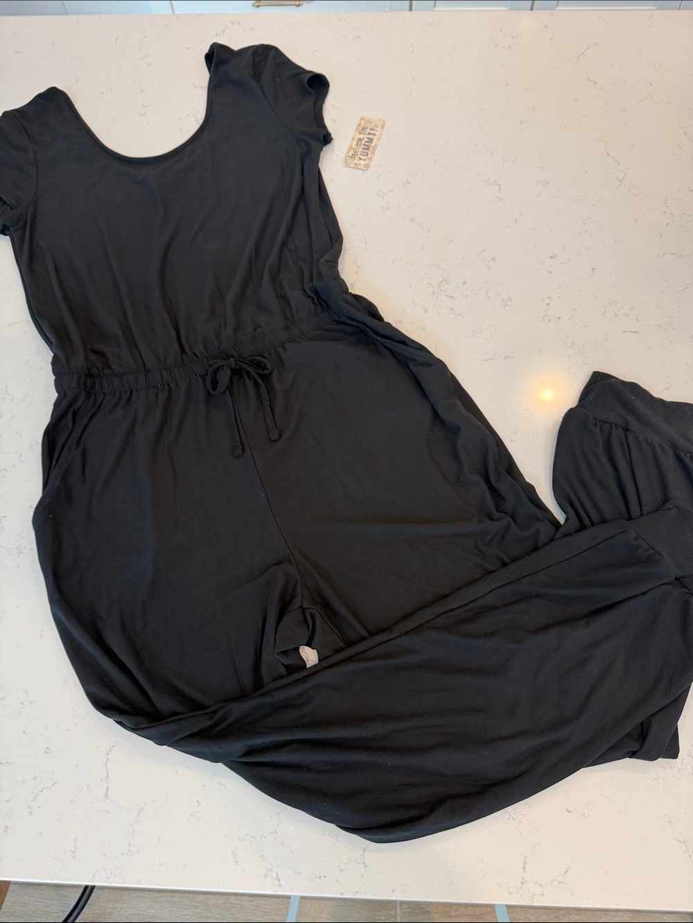 Derek Heart Black Short-Sleeve Drawstring-Waist Jumpsuit